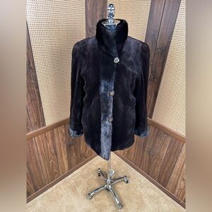 BEAUTIFUL BLACK SHEARED & LONG HAIRED MINK TRIM REVERSIBLE TAFFETA FUR JACKET M